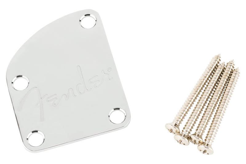 เพลทยึดคอ Fender Countoured Heel Neck Plate w/Spaghetti Logo, Chrome